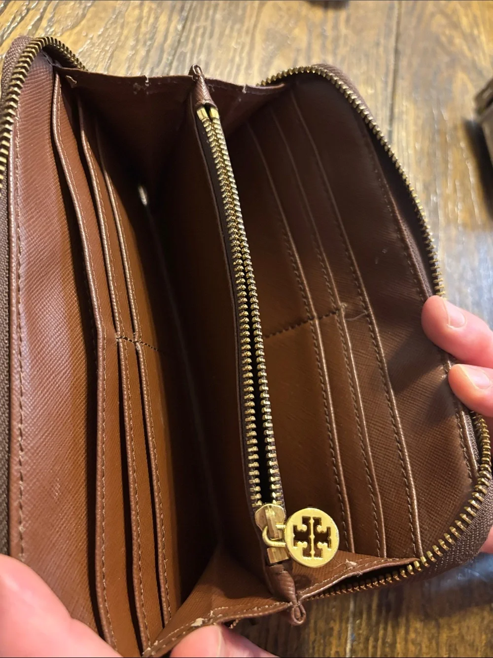 Tory Burch Brown Leather Zip Card Holder with Gold Logo